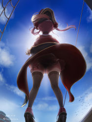 Rule 34 | 1girl, bird, black footwear, black hat, black panties, black ribbon, blue sky, brown thighhighs, cloud, commentary request, dated, day, from behind, hair ribbon, haruyama kazunori, hat, highres, hololive, houshou marine, panties, pirate hat, red hair, red skirt, ribbon, shoes, short hair, skirt, sky, solo, standing, sun, thighhighs, twintails, twitter username, underwear, virtual youtuber