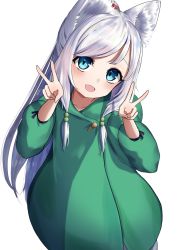 Rule 34 | 1girl, :d, animal ear fluff, animal ears, bad id, bad pixiv id, blue eyes, blush, collarbone, commentary request, double v, dress, eyebrows hidden by hair, garaudon, green dress, hands up, head tilt, highres, long hair, long sleeves, looking at viewer, open mouth, original, ponytail, puffy long sleeves, puffy sleeves, silver hair, simple background, smile, solo, swept bangs, v, very long hair, white background