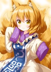 Rule 34 | 1girl, animal ear fluff, animal ears, beige background, blonde hair, blue tabard, blush, breasts, closed mouth, cowboy shot, dress, floppy sleeves, fox ears, fox tail, frills, hair between eyes, hand up, highres, looking at viewer, medium breasts, medium hair, multiple tails, no headwear, one-hour drawing challenge, ruu (tksymkw), simple background, sleeves past fingers, sleeves past wrists, smile, solo, tabard, tail, touhou, white dress, yakumo ran, yellow eyes
