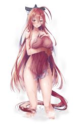 Rule 34 | 1girl, blush, breasts, covering privates, highres, hiroshima castle, large breasts, long hair, naked towel, nude cover, official art, red eyes, red hair, shirohime quest, solo, tail, towel, transparent background, very long hair, wading, water, wet