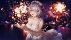 Rule 34 | 1girl, :d, absurdres, alternate costume, bare arms, bare shoulders, breasts, cleavage, cowboy shot, dress, fireworks, flower, genshin impact, green eyes, grey hair, highres, holding fireworks, looking at viewer, maid headdress, medium breasts, noelle (genshin impact), open mouth, red flower, red rose, rose, short hair, smile, solo, sparkler, swkl:d, white dress