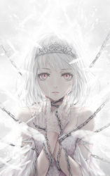 Rule 34 | 1girl, albino, chain, crown, feathers, gloves, nuwanko, original, pink eyes, solo, vocaloid, white background, white hair