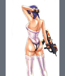 Rule 34 | 1girl, ass, back, backless leotard, bare shoulders, bullpup, cyberpunk, cyborg, fingerless gloves, from behind, ghost in the shell, ghost in the shell stand alone complex, gloves, gun, highres, kusanagi motoko, leotard, looking at viewer, looking back, pillarboxed, purple hair, red eyes, shirosaba, short hair, solo, subdermal port, submachine gun, thighhighs, weapon
