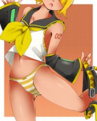 Rule 34 | 1girl, blonde hair, detached sleeves, dr rex, head out of frame, kagamine rin, navel, panties, short hair, solo, striped clothes, striped panties, translation request, underwear, vocaloid