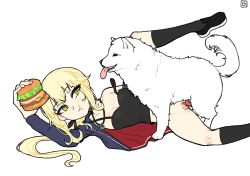 Rule 34 | 1girl, artist request, artoria pendragon (all), artoria pendragon (fate), bestiality, blonde hair, blush, breasts, cavall the 2nd, censored, dog, fate (series), food, hetero, multitasking, penis, saber alter, sex, vaginal