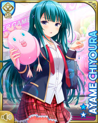 Rule 34 | 1girl, aqua hair, arcade, card (medium), character name, chiyoura ayame, day, girlfriend (kari), hair ornament, indoors, long hair, necktie, official art, open mouth, plaid, plaid skirt, pointing, pointing to the side, purple eyes, qp:flapper, red neckwear, red skirt, school uniform, shirt, skirt, stuffed toy, tagme, white shirt, x hair ornament