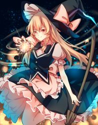 Rule 34 | 1girl, apron, black hat, black skirt, black vest, blonde hair, bow, braid, breasts, broom, buttons, closed mouth, commentary request, foot out of frame, frilled skirt, frills, hat, hat bow, highres, holding, holding broom, kirisame marisa, long hair, looking at viewer, mini-hakkero, minuo, puffy short sleeves, puffy sleeves, shirt, short sleeves, single braid, skirt, skirt set, small breasts, smile, solo, touhou, vest, waist apron, white apron, white bow, white shirt, witch hat, yellow eyes