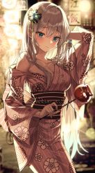 Rule 34 | 1girl, absurdres, blue eyes, blurry, blurry background, blush, breasts, candy apple, cleavage, closed mouth, copyright request, floral print, food, furisode, hair between eyes, hair ornament, highres, holding, japanese clothes, jjuha6, kimono, long hair, long sleeves, looking at viewer, medium breasts, pink kimono, print kimono, solo, summer festival, white hair, wide sleeves, yukata