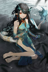 Rule 34 | 1girl, absurdres, arknights, bead bracelet, beads, black hair, bracelet, china dress, chinese clothes, colored skin, dragon girl, dragon horns, dragon tail, dress, dusk (arknights), dusk (everything is a miracle) (arknights), earrings, fiery tail, flame-tipped tail, gradient skin, green horns, green skin, hair over one eye, highres, horns, hyv (rwrf8343), jewelry, looking at viewer, multicolored hair, red eyes, sleeveless, sleeveless dress, streaked hair, tail, tail ornament, tail ring, tassel, tassel earrings