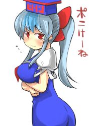 Rule 34 | 1girl, ass, blue dress, blue hair, blush, breasts, colored eyelashes, crossed arms, dress, flying sweatdrops, gaoo (frpjx283), hair ribbon, hat, highres, kamishirasawa keine, large breasts, looking at viewer, ponytail, red eyes, red ribbon, ribbon, solo focus, touhou