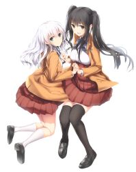 Rule 34 | 2girls, :d, black hair, black legwear, blue eyes, breasts, brown eyes, fueru nattou, holding hands, highres, loafers, long hair, looking at viewer, multiple girls, open mouth, original, pleated skirt, ribbon, school uniform, shoes, simple background, skirt, smile, thighhighs, twintails, white background, white hair, white legwear