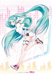 Rule 34 | 1girl, absurdly long hair, agonasubi, anniversary, aqua eyes, aqua hair, artist name, artist request, blue eyes, blue hair, blue nails, bottle, clothes around waist, female focus, full body, hair ornament, hairclip, hatsune miku, jacket, jacket around waist, long hair, looking at viewer, nail, nail polish, outstretched arms, pink footwear, shirt, shoes, shorts, smile, solo, standing, standing on one leg, twintails, very long hair, vocaloid, water bottle, white shirt, white shorts