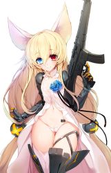 Rule 34 | 1girl, animal ears, assault rifle, beads, blonde hair, blue eyes, blush, cameltoe, closed mouth, covered erect nipples, crossed bangs, flat chest, flower, fox ears, g41 (girls&#039; frontline), girls&#039; frontline, gluteal fold, gun, hair beads, hair ornament, heterochromia, highleg, highleg panties, highres, holding, holding weapon, long hair, looking at viewer, magazine (object), magazine (weapon), mechanical arms, mechanical legs, navel, panties, pussy, pussy peek, red eyes, ribbon, rifle, simple background, skindentation, smile, snowball22, solo, string panties, symbol-shaped pupils, tattoo, twintails, underwear, very long hair, weapon, white background, white panties