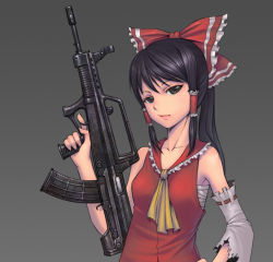 Rule 34 | 1girl, assault rifle, bandages, bare shoulders, black eyes, black hair, bow, bullpup, collarbone, detached sleeves, female focus, grey background, gun, hair bow, hair tubes, hakurei reimu, holding, long hair, looking at viewer, ponytail, qbz-95, realistic, rifle, solo, touhou, trigger discipline, weapon, zhengyifan7