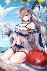 Rule 34 | 1girl, absurdres, arknights, bare shoulders, beach umbrella, black choker, blue shorts, blue sky, breasts, choker, cleavage, cloud, commentary, day, dimazu, english commentary, eyewear hang, unworn eyewear, hair between eyes, hair ornament, head tilt, highres, inflatable orca, inflatable toy, large breasts, long hair, looking at viewer, low-tied long hair, micro shorts, navel, no headwear, off-shoulder shirt, off shoulder, official alternate costume, outdoors, parted lips, red eyes, seiza, shirt, short sleeves, shorts, silver hair, sitting, skadi (arknights), skadi (waverider) (arknights), sky, smile, solo, stomach, sunglasses removed, thigh strap, thighs, umbrella, very long hair, whale hair ornament, white shirt
