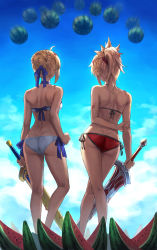 Rule 34 | 2girls, artoria pendragon (fate), artoria pendragon (swimsuit archer) (fate), artoria pendragon (swimsuit archer) (first ascension) (fate), ass, back, bare shoulders, bikini, blonde hair, blue sky, braid, breasts, clarent (fate), excalibur (fate/stay night), fate/grand order, fate (series), food, french braid, fruit, hair bun, hair ribbon, highres, long hair, mordred (fate), mordred (fate) (all), mordred (swimsuit rider) (fate), mordred (swimsuit rider) (first ascension) (fate), mother and daughter, multiple girls, ponytail, red bikini, ribbon, sidelocks, sky, small breasts, suikawari, swimsuit, sword, thighs, tonee, watermelon, watermelon slice, weapon, white bikini