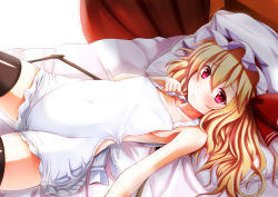 Rule 34 | 1girl, apron, bed sheet, black thighhighs, blonde hair, blush, breasts, cameltoe, curtains, ebi 193, flandre scarlet, hair ribbon, hat, looking at viewer, lying, naked apron, on back, on bed, petite, red eyes, revision, ribbon, short hair, side ponytail, sideboob, small breasts, solo, thighhighs, touhou, wings
