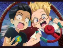 Rule 34 | 1990s (style), 2boys, animification, black hair, black shirt, blonde hair, blue eyes, blue sky, brenni murasaki, child, cloud, constricted pupils, disney, emphasis lines, glasses, lewis robinson, looking at viewer, male focus, meet the robinsons, multiple boys, open mouth, retro artstyle, round eyewear, scared, shirt, sky, tearing up, tongue, white shirt, wilbur robinson
