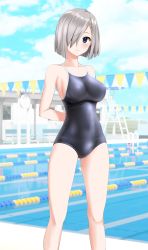 Rule 34 | 1girl, absurdres, alternate costume, arms behind back, black one-piece swimsuit, blue eyes, blue sky, breasts, cloud, commentary request, competition school swimsuit, day, feet out of frame, grey hair, hair ornament, hair over one eye, hairclip, hamakaze (kancolle), highres, kantai collection, lane line, large breasts, looking at viewer, one-piece swimsuit, outdoors, parted lips, pool, school swimsuit, short hair, sky, solo, string of flags, swimsuit, takafumi