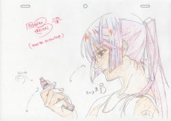Rule 34 | 1boy, cellphone, color trace, highres, macross, macross frontier, macross frontier: itsuwari no utahime, male focus, phone, ponytail, production art, saotome alto, sketch, solo