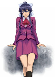 Rule 34 | 1girl, arm support, arms at sides, bare legs, black footwear, black hair, blue eyes, breasts, closed mouth, feet out of frame, female focus, grey ribbon, hair between eyes, hair ribbon, highres, jacket, legs, long hair, long sleeves, looking at viewer, matsuoka chie, menomorute, pleated skirt, ponytail, purple jacket, purple skirt, red neckwear, ribbon, school uniform, sentimental graffiti, sidelocks, simple background, sitting, skirt, small breasts, smile, socks, solo, white background