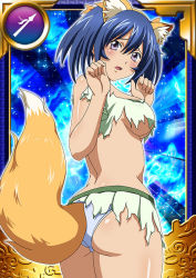 Rule 34 | 00s, 1girl, animal ears, ass, back, bashoku youjou, blue hair, breasts, card (medium), female focus, hair ornament, ikkitousen, large breasts, looking at viewer, looking back, open mouth, panties, purple eyes, short twintails, sideboob, skirt, solo, tail, torn clothes, twintails, underwear