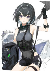 Rule 34 | 1girl, absurdres, arknights, bare shoulders, black coat, black gloves, black hair, black shirt, black shorts, blush, breasts, closed mouth, coat, unworn coat, gloves, gohanduck, hair ornament, hairband, hairclip, highres, holding, holding weapon, la pluma (arknights), looking at viewer, medium hair, shirt, short shorts, shorts, sleeveless, sleeveless shirt, small breasts, smile, solo, thigh strap, weapon, white background