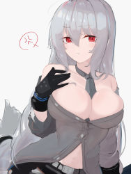 Rule 34 | 1girl, anger vein, arknights, arm behind back, ascot, asususususu, black gloves, black jacket, black shorts, breasts, commentary request, eyebrows, gloves, grey ascot, grey shirt, hand on own chest, head tilt, highres, jacket, long hair, looking at viewer, low-tied long hair, medium breasts, no bra, no headwear, red eyes, shirt, shorts, sidelocks, silver hair, simple background, skadi (arknights), solo, speech bubble, upper body, weapon, white background