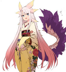 Rule 34 | 1girl, absurdres, blue eyes, blush, breasts, claws, collarbone, dragon girl, gradient hair, hands on stomach, highres, holding stomach, horns, humanization, japanese clothes, kimono, long hair, long sleeves, looking at viewer, miao yao cha, mizutsune, monster girl, monster hunter (series), multicolored hair, obi, open mouth, patterned clothing, pink hair, pregnant, sash, short eyebrows, small breasts, smile, solo, tail, tail wagging, thick eyebrows, very long hair, wide sleeves, yellow kimono
