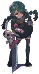 Rule 34 | 1girl, annie (skullgirls), belt, belt pouch, boots, braid, eyepatch, green hair, hand on own hip, highres, juliet sleeves, leaning forward, leaning on object, long sleeves, pouch, puffy sleeves, sagan (skullgirls), skirt, skullgirls, smile, solo, sword, tanakalma, thigh boots, thighhighs, twin braids, weapon, white background, yellow eyes