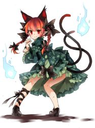 Rule 34 | 1girl, adapted costume, alternate costume, animal ears, back, bow, braid, cat ears, cat tail, dress, floral print, frills, full body, green dress, hair bow, hair ornament, highres, hitodama, kaenbyou rin, leg ribbon, long hair, long sleeves, looking at viewer, looking back, mary janes, md5 mismatch, multiple tails, pointy ears, puffy sleeves, red eyes, red hair, resized, ribbon, shoes, simple background, smile, solo, tail, touhou, toutenkou, twin braids, white background, wide sleeves