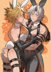 Rule 34 | 2boys, :3, aged down, animal ears, belt, black gloves, blonde hair, blue eyes, blush, chest strap, cloud strife, commentary request, couple, final fantasy, final fantasy vii, gloves, green eyes, grey hair, hand on another&#039;s ass, highres, holding, hug, leotard, male focus, multiple belts, multiple boys, none (kameko227), playboy bunny, rabbit ears, rabbit tail, sephiroth, short hair, sleeveless, slit pupils, spiked hair, tail, yaoi
