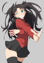 Rule 34 | 1girl, ;d, ahoge, between fingers, black bow, black hair, black skirt, black thighhighs, blue eyes, blush, bow, commentary request, fate/stay night, fate (series), foreshortening, gem, grin, hair bow, holding, long hair, long sleeves, miniskirt, one eye closed, open mouth, outstretched arm, pleated skirt, pointing, pointing at viewer, red gemstone, red sweater, salpin, skirt, smile, solo, sweater, teeth, thighhighs, tohsaka rin, two side up, v-shaped eyebrows, very long hair, zettai ryouiki