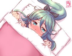 Rule 34 | 10s, 1girl, blush, commentary, covering own mouth, dated, futon, green eyes, green hair, hair between eyes, hair ornament, hair ribbon, hairclip, kanon (kurogane knights), kantai collection, long hair, looking at viewer, pillow, ponytail, ribbon, sketch, tears, the yuudachi-like creature, yamakaze (kancolle)