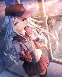Rule 34 | 1girl, absurdres, anchor symbol, bag, black hat, black sailor collar, black skirt, black thighhighs, blue eyes, blush, box, closed mouth, cowboy shot, dfd, flat cap, gift, gift box, hair between eyes, hat, heart-shaped box, hibiki (kancolle), highres, holding, holding gift, kantai collection, long hair, long sleeves, neckerchief, pleated skirt, red neckerchief, sailor collar, school bag, school uniform, serafuku, skirt, solo, thighhighs, valentine, white hair