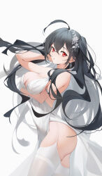 Rule 34 | 1girl, absurdres, ahoge, ass, azur lane, bare shoulders, black hair, breast hold, breasts, chinese commentary, cleavage, closed mouth, contrapposto, dress, expressionless, flower, hair between eyes, hair flower, hair ornament, highres, large breasts, looking at viewer, official alternate costume, red eyes, simple background, solo, taihou (azur lane), taihou (temptation on the sea breeze) (azur lane), thighhighs, uthspsk, white background, white dress, white thighhighs