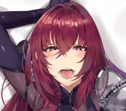 Rule 34 | 1girl, :d, blush, bodysuit, brown bodysuit, commentary request, crossed bangs, fate/grand order, fate (series), hair between eyes, hair intakes, heart, heart-shaped pupils, korean commentary, long hair, looking at viewer, lying, on back, open mouth, pauldrons, red eyes, red hair, saliva, scathach (fate), shoulder armor, single pauldron, smile, solo, symbol-shaped pupils, tuxedo de cat, upper body