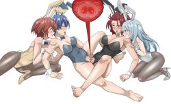 Rule 34 | 4girls, absurdres, akuma no riddle, animal ears, arm support, azuma tokaku, bare legs, bare shoulders, barefoot, blue eyes, blue hair, blush, bottomless, bow, bowtie, breasts, clitoris, clothed sex, collar, commission, cross-section, eye contact, fake animal ears, female fertilization, fertilization, hand on another&#039;s arm, highres, ichinose haru, impregnation, kirigaya hitsugi, large breasts, leaning back, leenvidia, leotard, light blue hair, long hair, looking at another, medium breasts, medium hair, messy hair, multiple girls, namatame chitaru, open mouth, ovum, pantyhose, pink eyes, playboy bunny, pussy, pussy juice, rabbit ears, rabbit tail, red eyes, red hair, scar, shiny skin, shoes, sitting, small breasts, smile, spread legs, tail, teeth, tongue, tongue out, transparent background, tribadism, twintails, uncensored, wrist cuffs, yellow eyes, yuri
