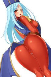 Rule 34 | 1girl, :d, anus, ass, bent over, blue hair, blush, bodysuit, breasts, covered anus, cowboy shot, dragon quest, dragon quest iii, dress, from behind, from below, gloves, hat, highres, large breasts, long hair, looking at viewer, looking back, medium breasts, mitre, open mouth, orange eyes, orange hair, priest (dq3), red eyes, shiny clothes, sideboob, simple background, skin tight, smile, solo, square enix, tabard, tamezou, thigh gap, very long hair, white background, yellow gloves