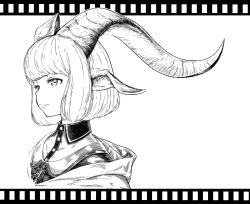 Rule 34 | 1girl, animal ears, blunt bangs, bob cut, buttons, goat, goat ears, goat eyes, greyscale, highres, horns, jaco, long horns, looking to the side, monochrome, original, portrait, short hair, solo