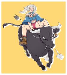 Rule 34 | absurdres, ahoge, alternate costume, animal ears, anstatic, boots, brown footwear, bull, closed eyes, commentary, frayed cable, grey hair, highres, hololive, laughing, lion ears, lion girl, lion tail, long hair, messy hair, micro shorts, open mouth, poncho, red shorts, riding, shirt overhang, shishiro botan, shorts, simple background, ssrb (shishiro botan), symbol-only commentary, tail, twintails, virtual youtuber, yellow background
