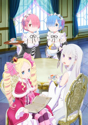 Rule 34 | 10s, 4girls, absurdres, beatrice (re:zero), black ribbon, blonde hair, blue eyes, blue hair, blue ribbon, book, breasts, butterfly-shaped pupils, capelet, choker, cleavage, crown, detached sleeves, drill hair, emilia (re:zero), flower, hair flower, hair ornament, hair over one eye, hair ribbon, head wreath, highres, indoors, long hair, looking at viewer, maid, medium breasts, mini crown, multiple girls, neck ribbon, open book, pantyhose, pink hair, pink ribbon, pointy ears, purple eyes, purple ribbon, ram (re:zero), re:zero kara hajimeru isekai seikatsu, red eyes, rem (re:zero), ribbon, short hair, siblings, silver hair, sisters, sitting, smile, standing, striped clothes, striped legwear, striped pantyhose, symbol-shaped pupils, twin drills, twins, very long hair, white flower