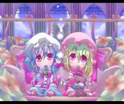 Rule 34 | 2girls, :o, alternate costume, bad id, bad pixiv id, bat wings, blonde hair, bloomers, blue dress, blue hair, blush, bow, chibi, child, couch, dress, female focus, flandre scarlet, flower, hat, hat ribbon, lights, looking up, multiple girls, outstretched hand, pink dress, pink eyes, pointy ears, reaching, remilia scarlet, ribbon, shunsuke, siblings, sisters, sitting, stuffed animal, stuffed toy, teddy bear, touhou, underwear, wings