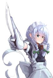 Rule 34 | 1girl, blue eyes, braid, closed mouth, commission, frown, gloves, grey hair, hand on own hip, highres, holding, holding knife, izayoi sakuya, jean bomjan, knife, looking away, maid, maid headdress, medium hair, puffy short sleeves, puffy sleeves, short sleeves, simple background, solo, touhou, twin braids, white background, white gloves