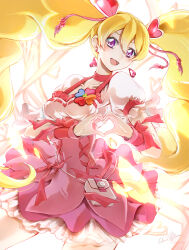 Rule 34 | 1girl, :d, artist name, blonde hair, choker, clear glass (mildmild1311), commentary request, cure peach, dress, earrings, eyelashes, fresh precure!, frilled dress, frills, hair ornament, happy, heart, heart earrings, heart hair ornament, heart hands, highres, jewelry, long hair, looking at viewer, magical girl, momozono love, open mouth, pink choker, pink dress, pink eyes, precure, puffy short sleeves, puffy sleeves, short sleeves, signature, smile, solo, standing, twintails, twitter username, wrist cuffs