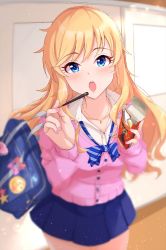 Rule 34 | 1girl, :o, bag, blonde hair, blue bow, blue bowtie, blue eyes, blue skirt, blurry, blurry background, blush, bow, bowtie, breasts, cardigan, collar, collarbone, depth of field, food, foreshortening, highres, idolmaster, idolmaster cinderella girls, idolmaster cinderella girls starlight stage, indoors, jewelry, light particles, long hair, long sleeves, looking at viewer, loose bowtie, medium breasts, nail polish, namidako, necklace, ohtsuki yui, open mouth, pink bow, pink cardigan, pleated skirt, pocky, pocky day, red bow, school bag, school uniform, skirt, solo, star (symbol), striped bow, striped bowtie, striped clothes, striped neckwear, teeth, uniform, upper teeth only, white collar