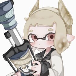 Rule 34 | 1girl, blonde hair, closed mouth, fake horns, gun, h-3 nozzlenose (splatoon), hairband, holding, holding gun, holding weapon, horn hairband, horns, inkling, inkling girl, inkling player character, medium hair, nintendo, pointy ears, red eyes, ryme spla, simple background, solo, splatoon (series), splatoon 3, tentacle hair, thick eyebrows, upper body, weapon, white background, yellow hairband