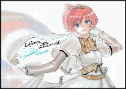 1girl absurdres artist_name commentary_request copyright_name dated dress eyelashes gloves hair_between_eyes hairband highres ishida_sui jack_jeanne light_smile looking_at_viewer pink_hair shawl short_hair short_sleeves signature simple_background solo tachibana_kisa tassel upper_body white_background white_dress white_gloves white_shawl yellow_eyes