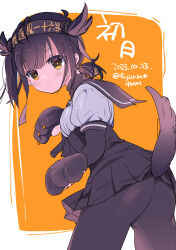 Rule 34 | 1girl, anchor symbol, animal hands, ass, black bodysuit, black hair, black sailor collar, black skirt, bodysuit, character name, closed mouth, dated, fujii rino, gloves, hachimaki, hair flaps, hatsuzuki (kancolle), headband, kantai collection, one-hour drawing challenge, paw gloves, pleated skirt, sailor collar, school uniform, short hair, simple background, skirt, solo, tail, twitter username, two-tone background