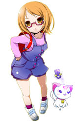 Rule 34 | 10s, 1girl, backpack, bag, brown eyes, brown hair, cat, dodory, full body, glasses, hummy (suite precure), nephilimax, overalls, pink-framed eyewear, precure, randoseru, shirabe ako, shirt, shoes, short hair, shorts, suite precure, white background